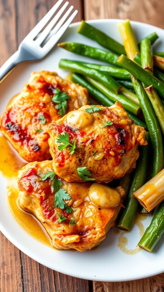 Garlic butter chicken thighs served with parsley on a rustic table alongside steamed vegetables.